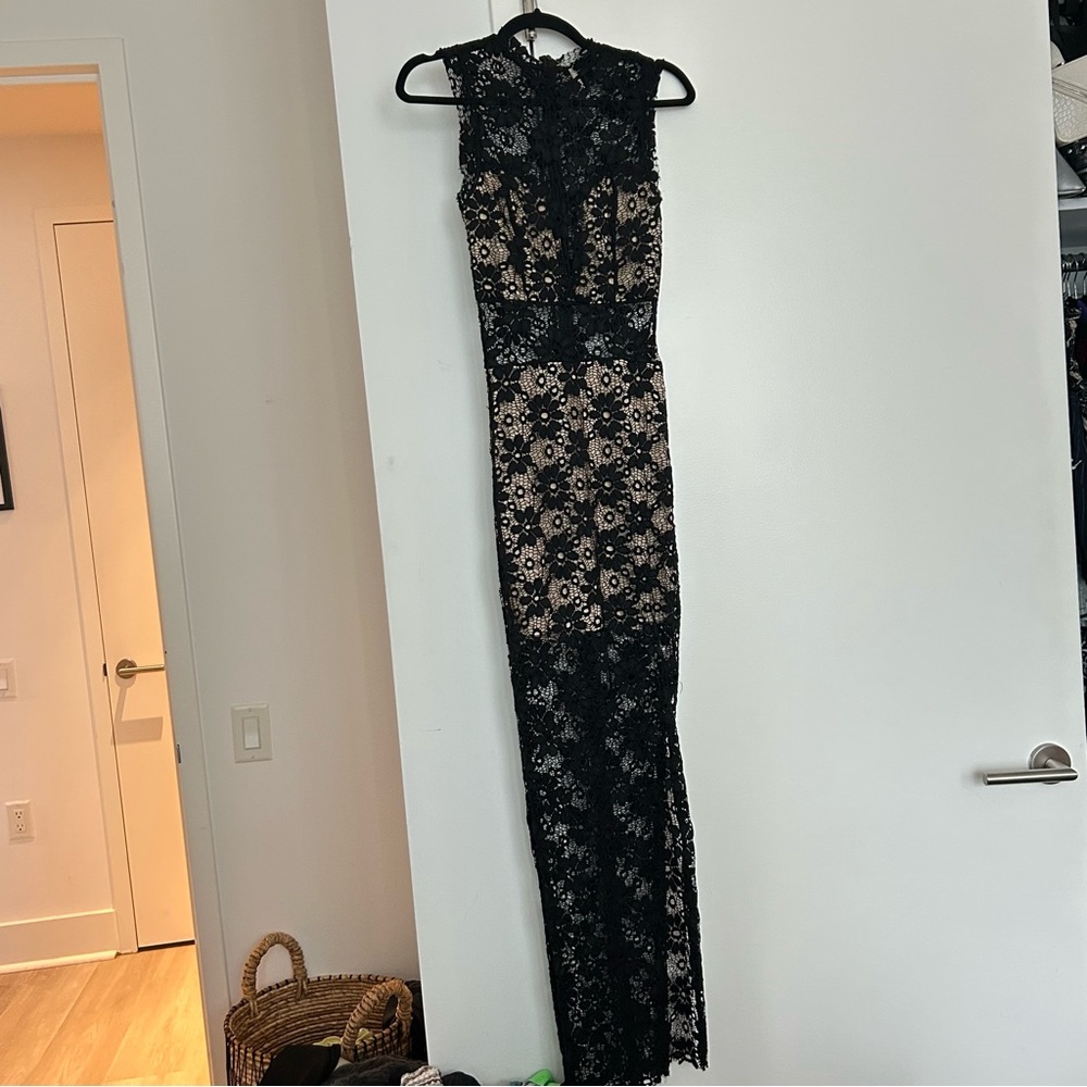 Sage Black Lace Maxi Dress with Nude Lining